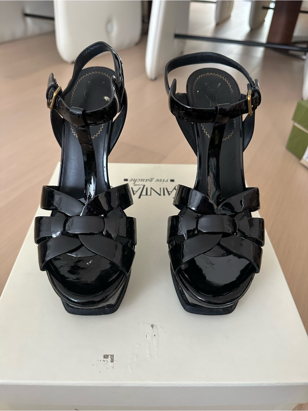 Yves Saint Laurent Black Patent Woven Platform Slingback Heels
